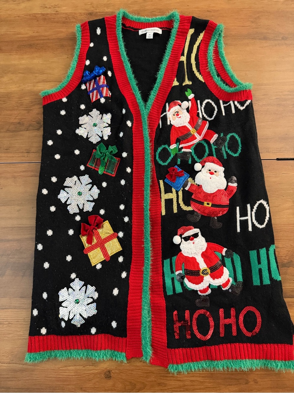 Festive Black Santa Appliqué Holiday Vest with Red & Green Trim
